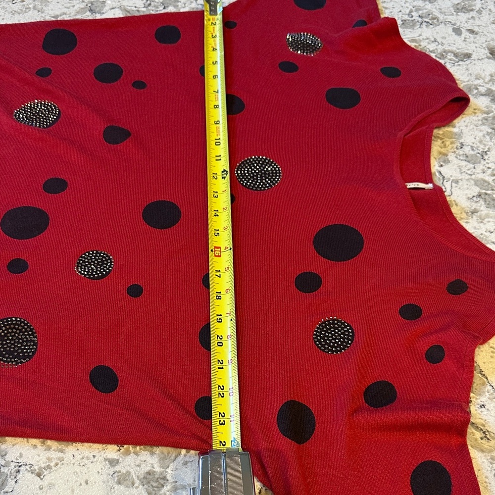 C.M.P.55 Collection Crimson Red Long Sweater with Black Sparkling Polka Dots - Picture 6 of 8
